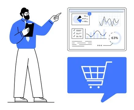 Data Analyst Presenting Online Shopping Trends and Performance Metrics Illustrazione stock