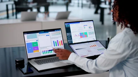 Data Analyst Reviewing Financial Dashboard Stock Footage 340405701