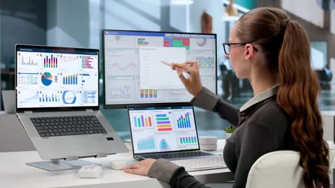 Data Analyst Reviewing Financial Dashboard Stock Footage 343888381