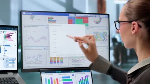Data Analyst Reviewing Financial Dashboard Stock Footage 343889322
