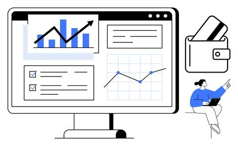 Data Analyst Reviewing Financial Reports and Charts on Computer Monitor Stock Illustration