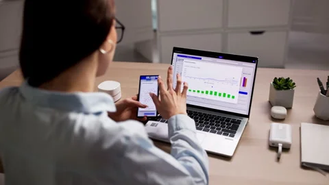 Data Analyst Reviewing KPI Dashboard On Laptop Stock Footage 335454805