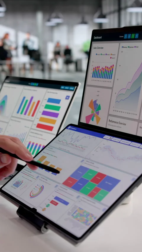 Data Analyst Reviews Dashboard On Computer Stock Footage 332906197