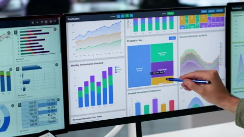 Data Analyst Reviews Financial Dashboard On Laptop Stock Footage 340398640