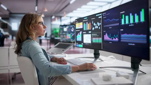 Data Analyst Reviews Financial Dashboards, Monitoring KPIs Stock Footage 342967064