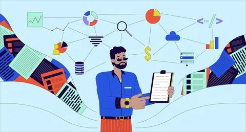 Data analyst skills 2D linear illustration concept Stock Illustration