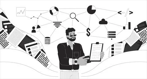 Data analyst skills black and white 2D illustration concept Stock Illustration