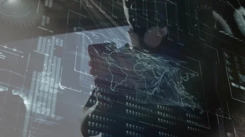 Data analyst standing in tech control room, interacting with animated world map, Stock Footage 328823782