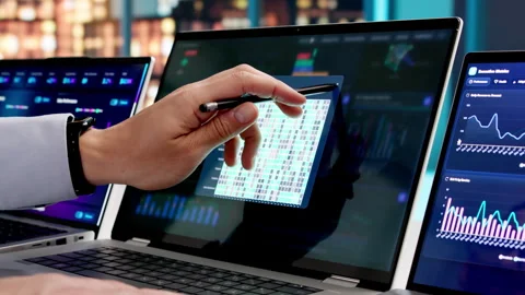 Data Analyst Studies Business Dashboard On Computer, Driven Stock Footage 332905383
