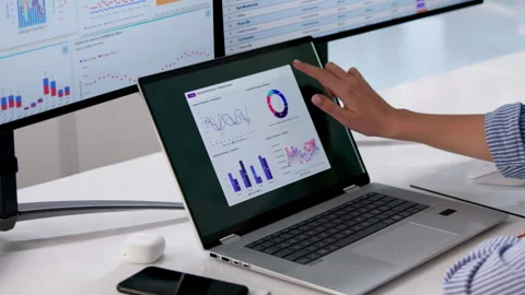 Data Analyst Studies Dashboard Carefully Stock Footage 333400106