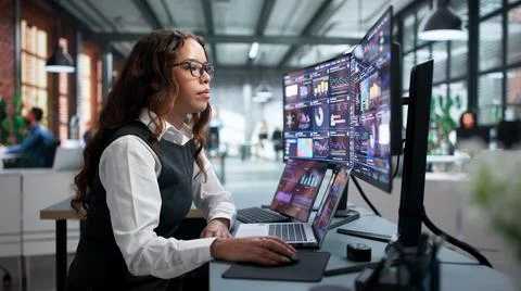 Data Analyst Studies Financial Dashboard On Laptop To Track KPIs. Stock Photos