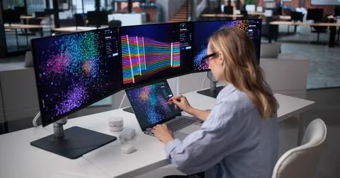 Data Analyst Studies Software Models Carefully While Working At Computer. Stock Photos