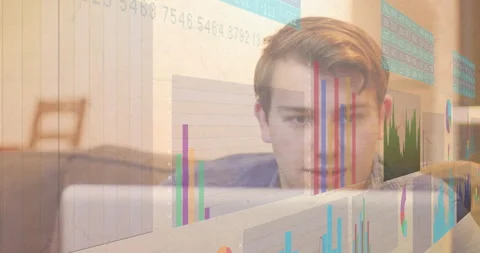 Data analyst swiping touchpad causing bar charts transforming into area trend Stock Footage 311049188