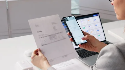 Data Analyst Takes Phone Photo Of Document Stock Footage 330254144