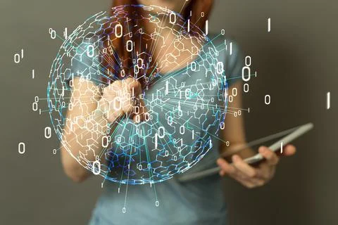 A data analyst tapping on a 3D rendering of global connectivity and binary co Stock Photos