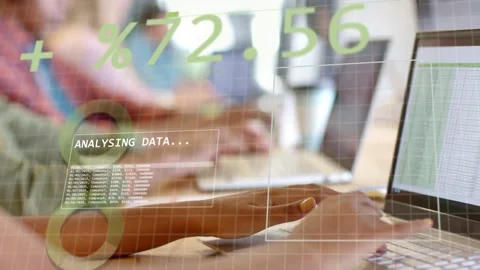 Data analyst tapping pad and typing sheet, HUD updating green percent and grid Stock Footage 334768800
