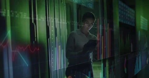 Data analyst tapping tablet filtering data and animating holographic finance Stock Footage 311083619