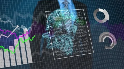 Data analyst tapping transparent grid UI, nudging readouts, growing bars, Stock Footage 334884246
