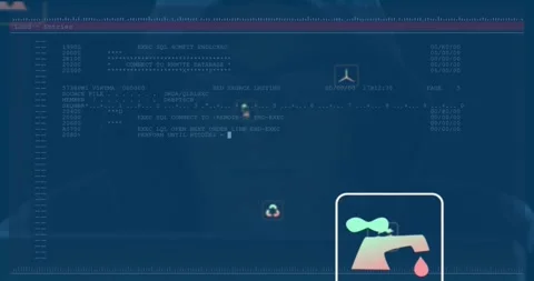 Data analyst typing database query on laptop generating icons and code display Stock Footage 329771055