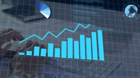 Data analyst typing on keys, processing data and causing animated HUD with Stock Footage 335282832