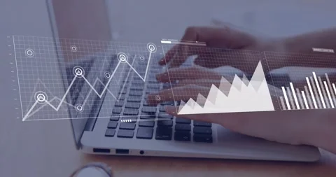 Data analyst typing on laptop, animating line, area, bar charts with world map Video stock 317608293