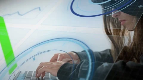 Data analyst typing on laptop, causing blue HUD pulsing over hands and green bar Stock Footage 335316862