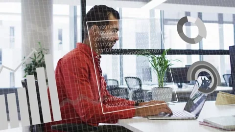 Data analyst typing on laptop in office causing animated pie, bar and binary Stock Footage 333657435