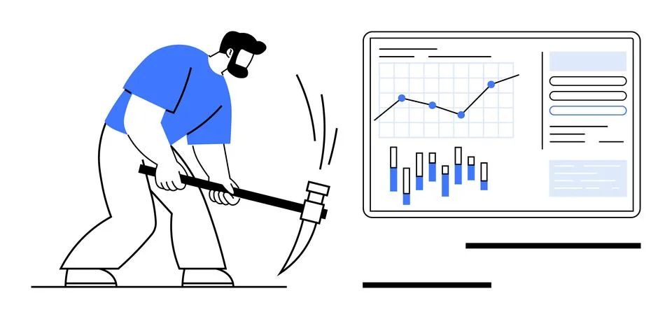 Data Analyst Using Pickaxe to Uncover Insights from Digital Dashboard with .. Stock Illustration