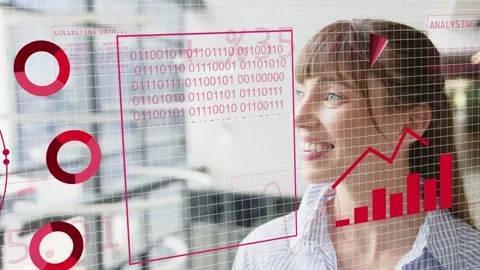 Data analyst watching glass while pink orb appearing forming binary panel and Stock Footage 333950446