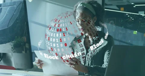 Data analyst woman reaching for charts engaging with blockchain sphere and Stock Footage 315560729