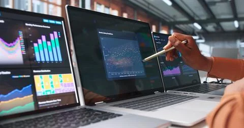 Data Analyst Woman Studies Dashboard Metrics, Making Strategic Business Decis Stock Photos