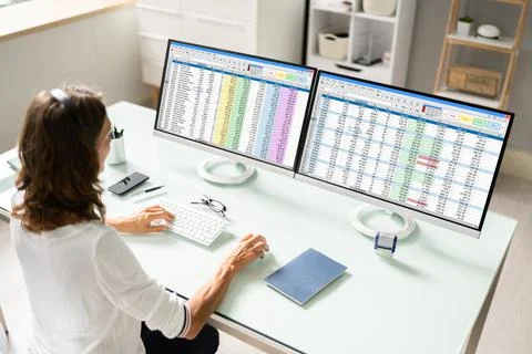 Data Analyst Woman Using Spreadsheet Stock Photos