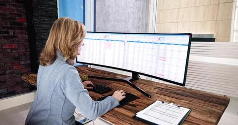 Data Analyst Woman Using Spreadsheet Stock Photos