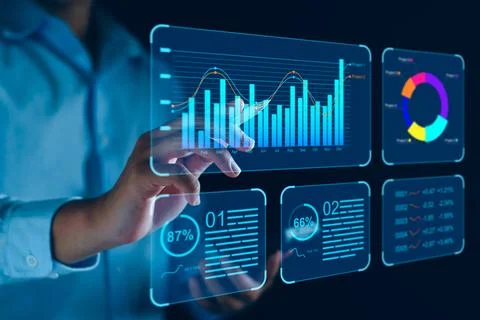 Data analyst working on business analytics dashboard with charts, metrics a.. Stock Photos