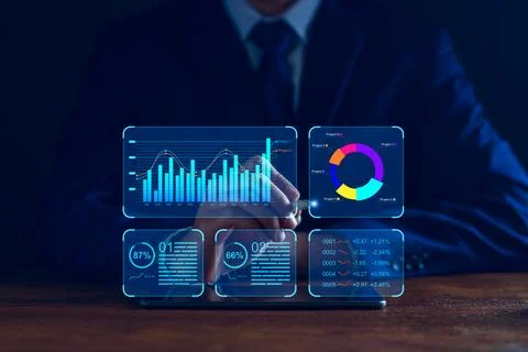Data analyst working on business analytics dashboard with charts, metrics a.. Stock Photos