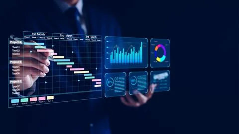 Data analyst working on business analytics dashboard with charts, metrics a.. Stock Photos
