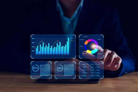 Data analyst working on business analytics dashboard with charts, metrics a.. Stock Photos