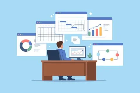 Data Analyst Working with Business Charts and Digital Dashboard Illustration. Stock Illustration