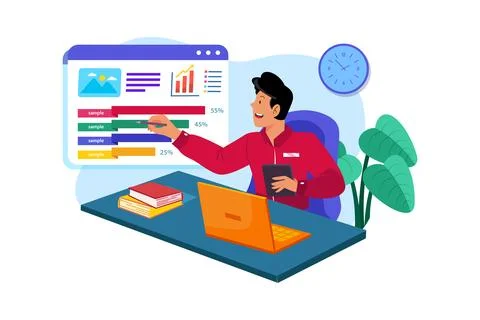 Data analysts gather and analyze data on the performance of advertising cam.. Stock Illustration