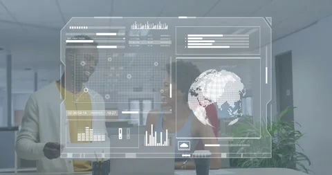 Data analysts tapping tablet and zooming holographic charts with globe Stock Footage 318062911