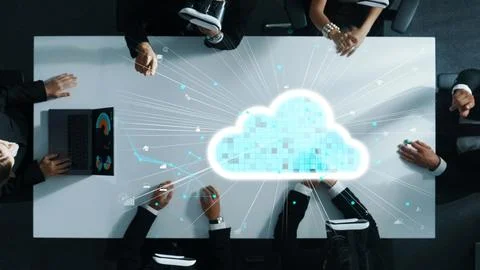 Data analysts wearing VR headset stand at cloud server holographic. Directorate. Stock Photos