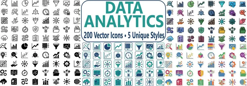 Data Analytics 200 Vector Icons 5 Unique Styles preview set Stock Illustration