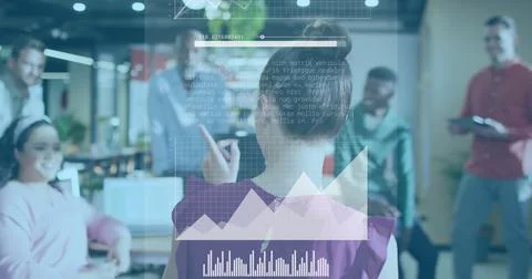 Data analytics and biometric information image over diverse business team in Stock Illustration