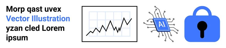 Data Analytics and Cybersecurity with AI Graph, AI Chip, and Padlock Ilustración de archivo