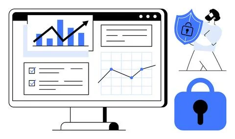Data Analytics and Cybersecurity Concepts with Graphs and Security Icons イラスト素材