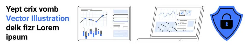Data Analytics and Cybersecurity - Graphs, Laptop, and Shield Lock Icon Stock Illustration