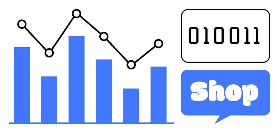 Data Analytics and E-Commerce Representation with Graphs and Digital Elements Stock Illustration