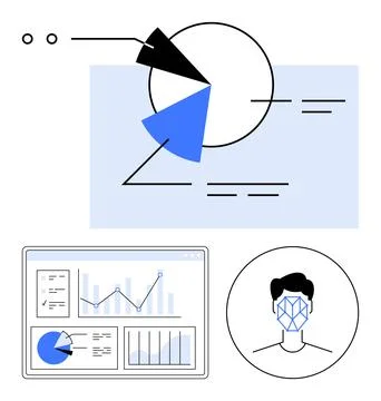 Data Analytics and Facial Recognition Concept with Graphs and Charts Illustrazione stock