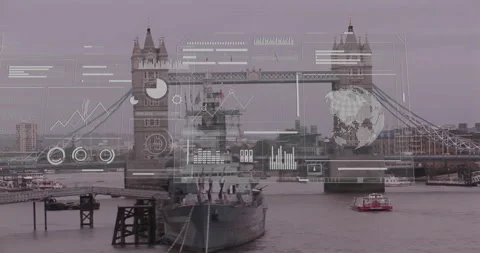 Data analytics and global network animation over Tower Bridge and river scene Stock Footage 304310295