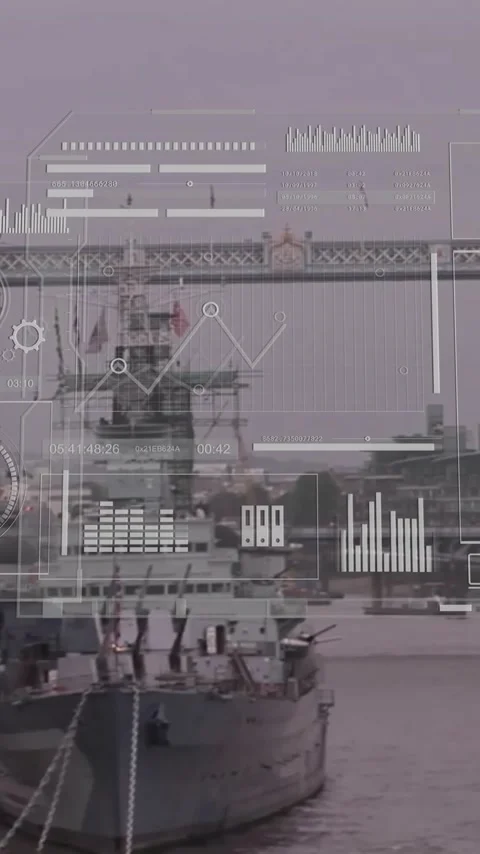 Data analytics and global network animation over Tower Bridge and river scene Stock Footage 342916169